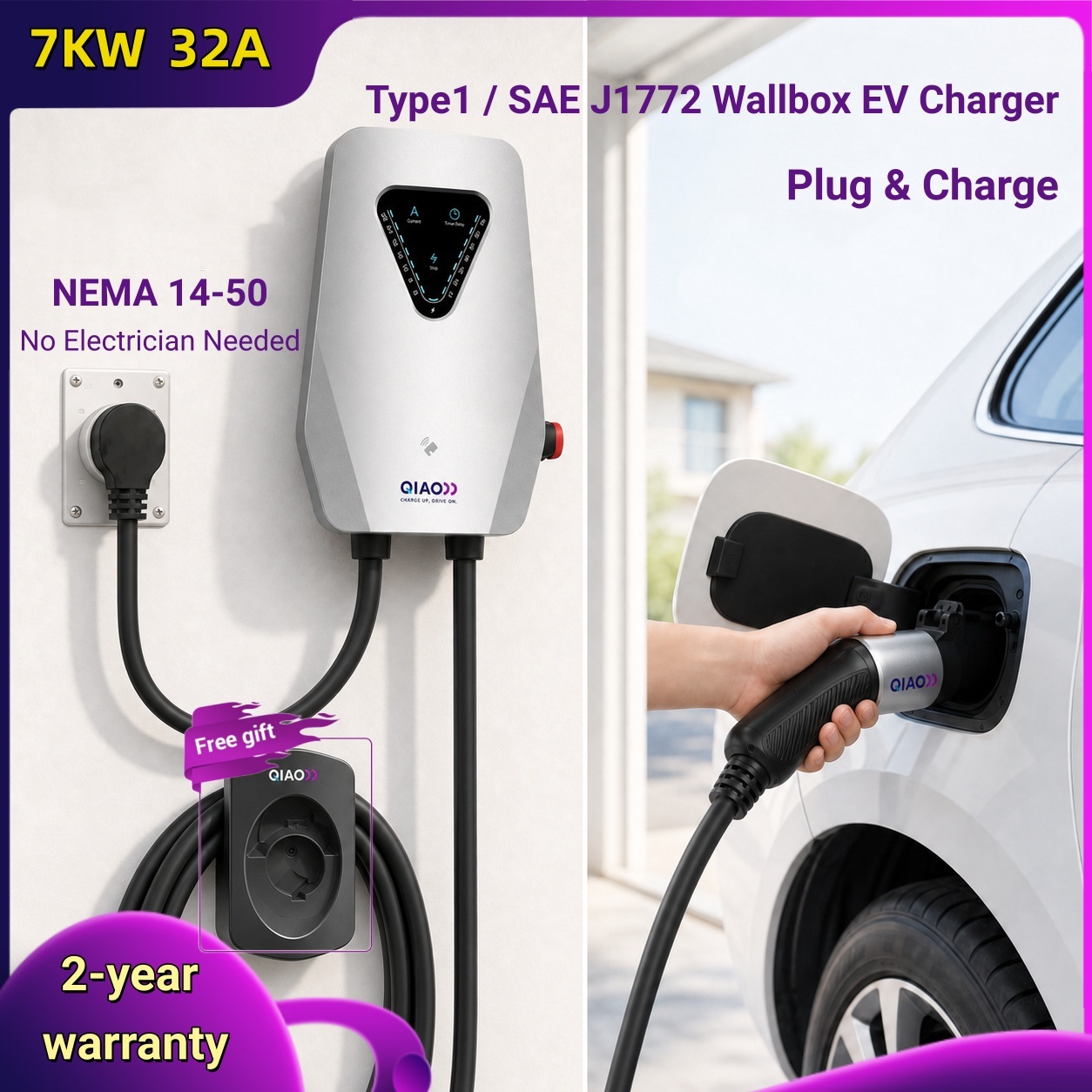 J1772 Evse 32A Level 2 Charger - Chargeur mural pour véhicule électrique 7KW